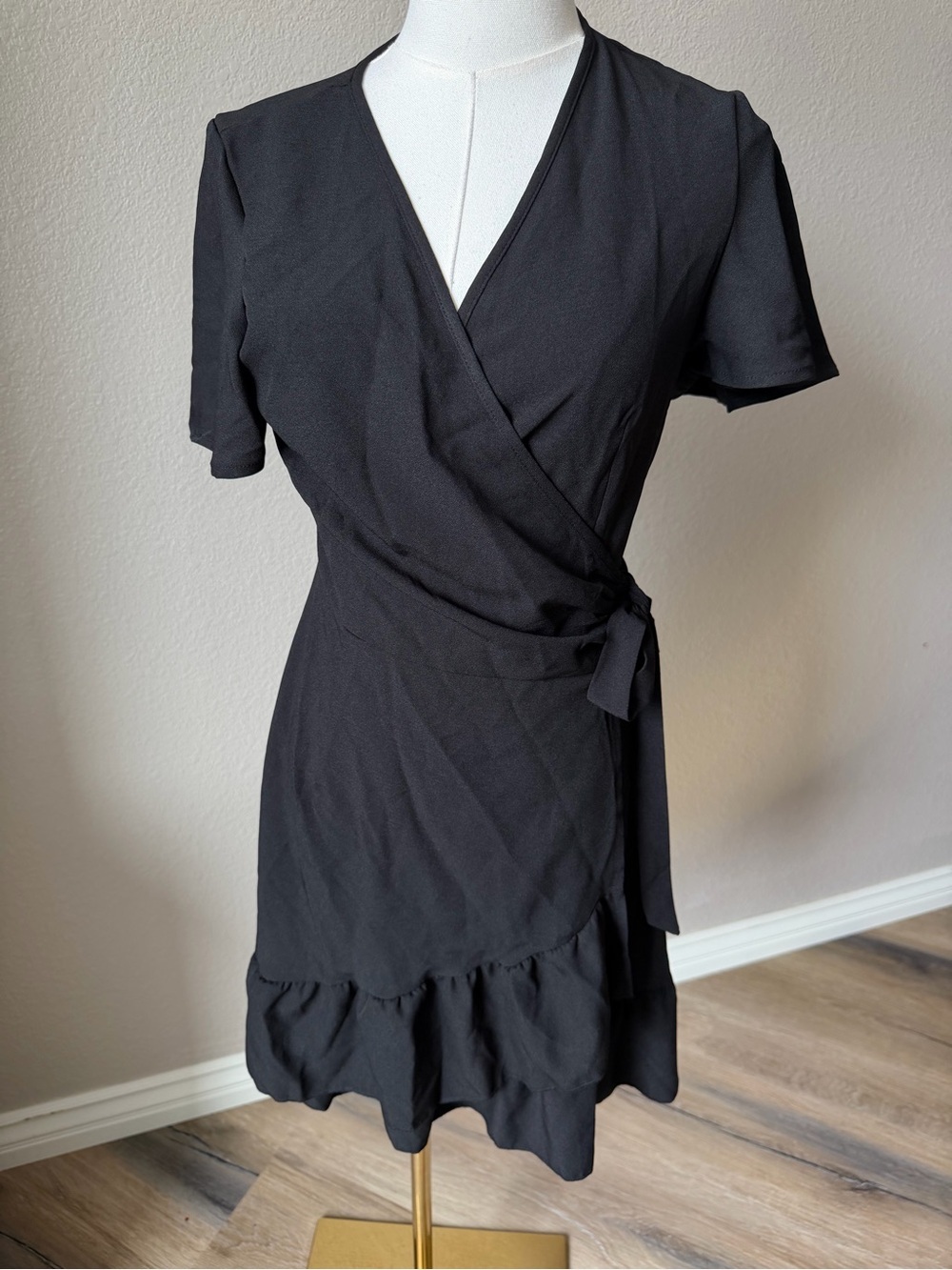 NWT Black Wrap Mini Dress with Flutter Sleeves and Tie Waist, Small - Picture 3 of 9